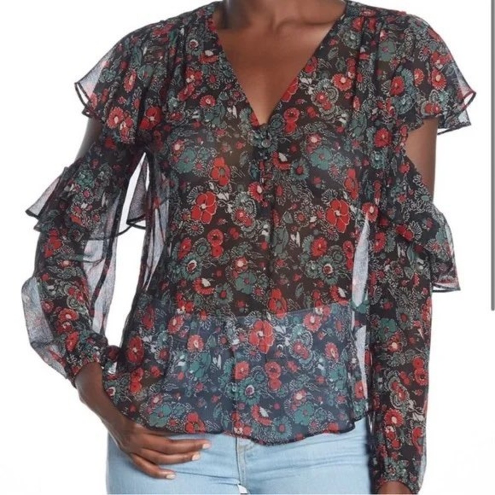 Veronica Beard Floral Print Cold Shoulder‎ Ruffle Sleeve Blouse Top size 10